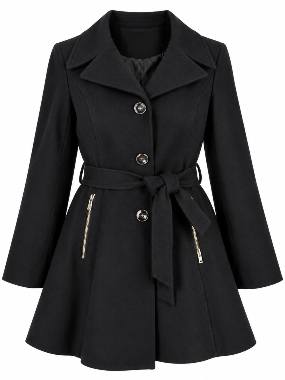 INC 2X Black Wool Blend Belted Fit Flare Walker Coat Peacoat Gold Zip Plus Size